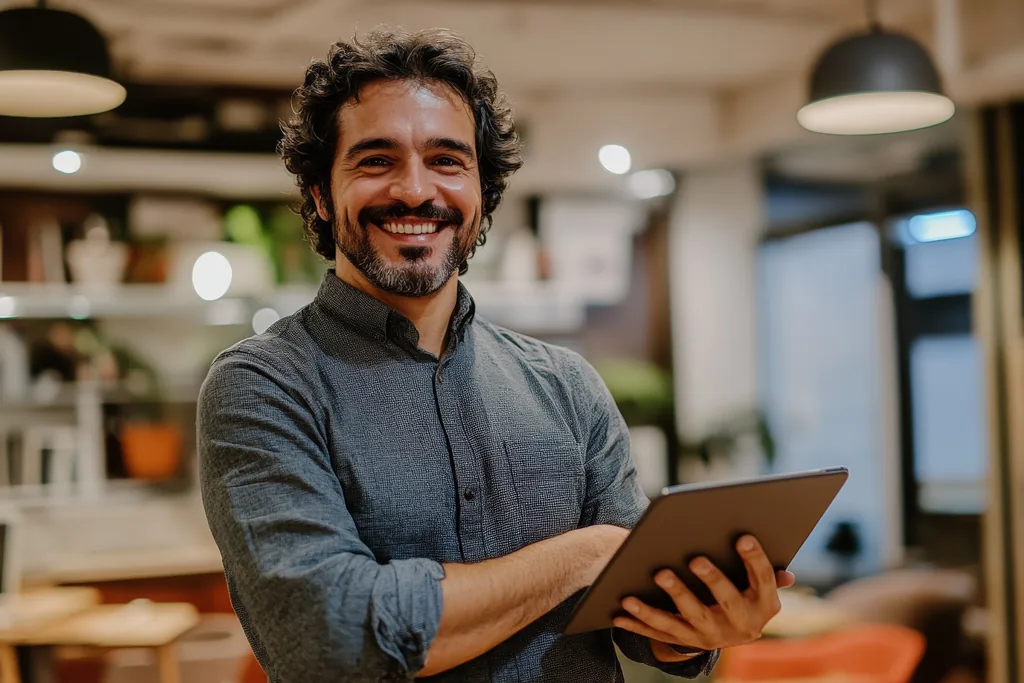 Empreendedor usando tablet, representando pequenos negócios em crescimento.